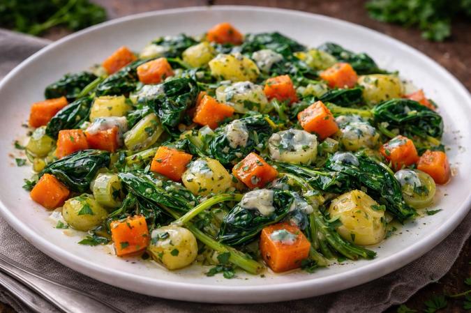 Poêlée de légumes de printemps et Bleu d’Auvergne La Mémée